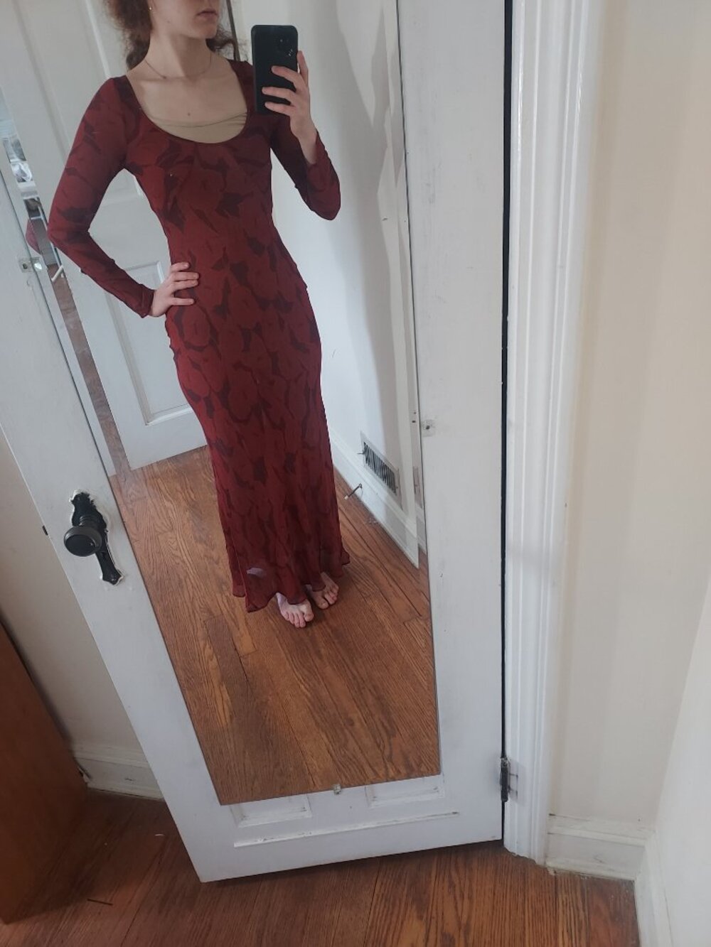 Realisation Par The Inka Calla Lily Red Maxi Long Sleeve Silk Dress
